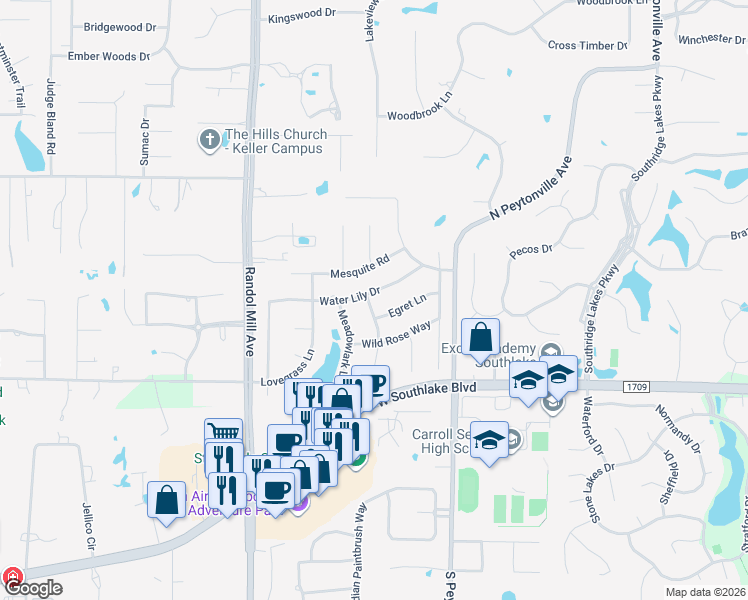 map of restaurants, bars, coffee shops, grocery stores, and more near 1717 Water Lily Drive in Southlake