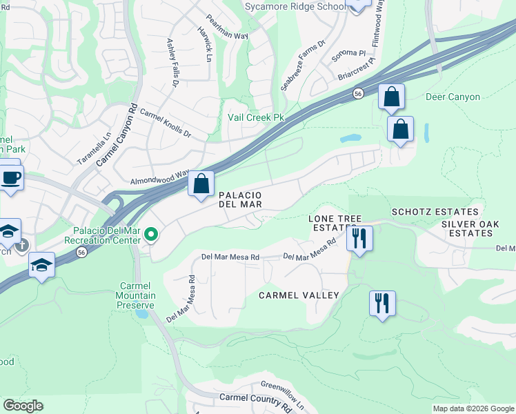 map of restaurants, bars, coffee shops, grocery stores, and more near 5266 Caminito Vista Lujo in San Diego