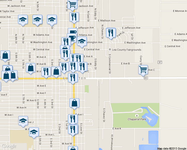 map of restaurants, bars, coffee shops, grocery stores, and more near 321 East Ave D in Lovington