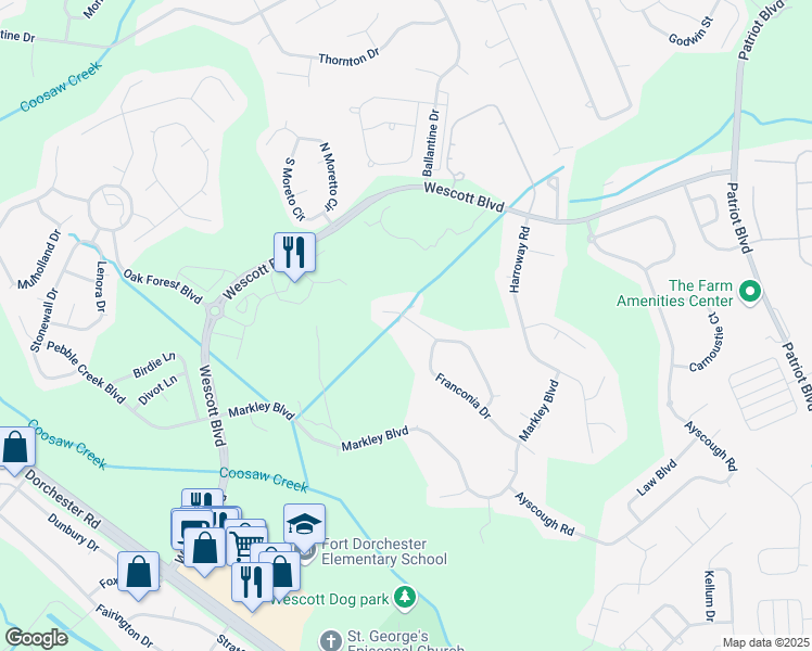 map of restaurants, bars, coffee shops, grocery stores, and more near 9388 South Heyward Court in Summerville