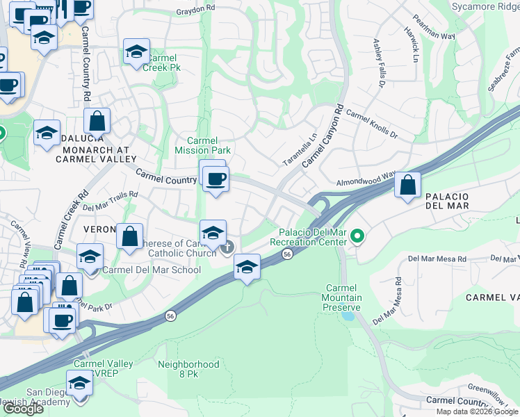map of restaurants, bars, coffee shops, grocery stores, and more near 4582 Mercurio Street in San Diego