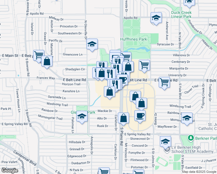map of restaurants, bars, coffee shops, grocery stores, and more near 1306 East Belt Line Road in Richardson