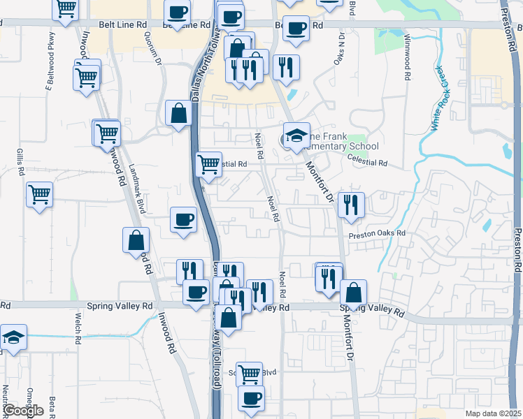 map of restaurants, bars, coffee shops, grocery stores, and more near 14350 Dallas Parkway in Dallas