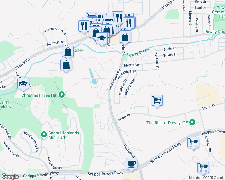 map of restaurants, bars, coffee shops, grocery stores, and more near 12240 Buckskin Trail in Poway