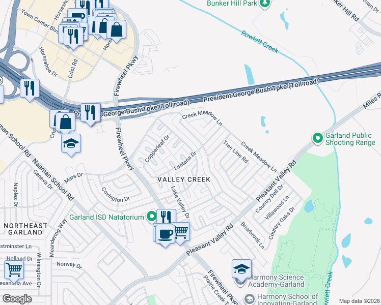 map of restaurants, bars, coffee shops, grocery stores, and more near 2301 Valley Creek Drive in Garland