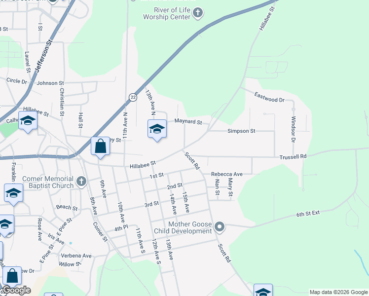 map of restaurants, bars, coffee shops, grocery stores, and more near 1512 Hillabee Street in Alexander City