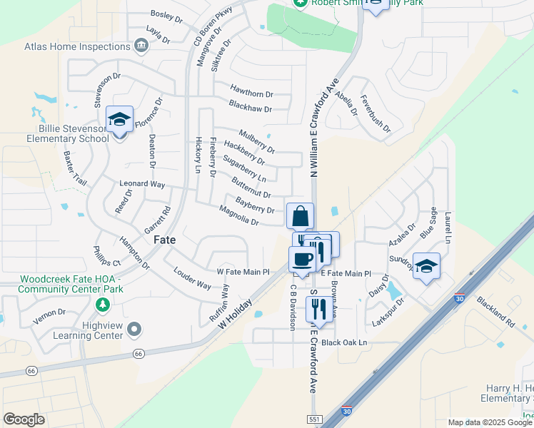 map of restaurants, bars, coffee shops, grocery stores, and more near 324 Bayberry Drive in Rockwall
