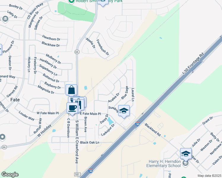 map of restaurants, bars, coffee shops, grocery stores, and more near 302 Coneflower Drive in Rockwall
