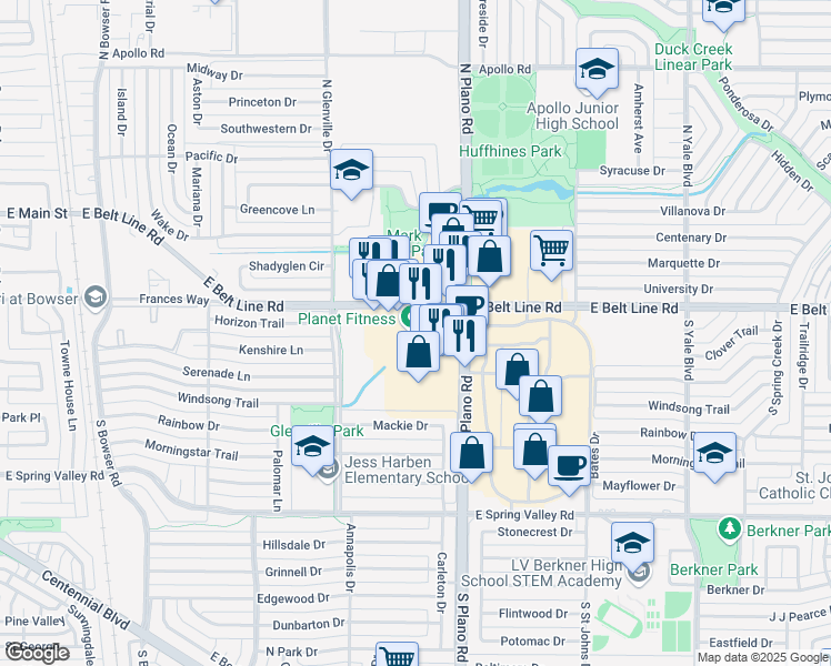 map of restaurants, bars, coffee shops, grocery stores, and more near 1306 East Belt Line Road in Richardson