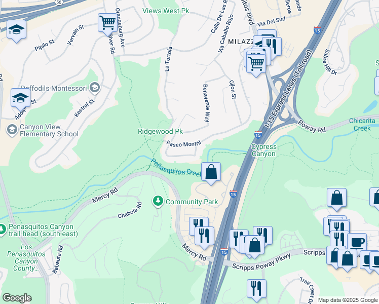 map of restaurants, bars, coffee shops, grocery stores, and more near 12452 Via Cabezon in San Diego