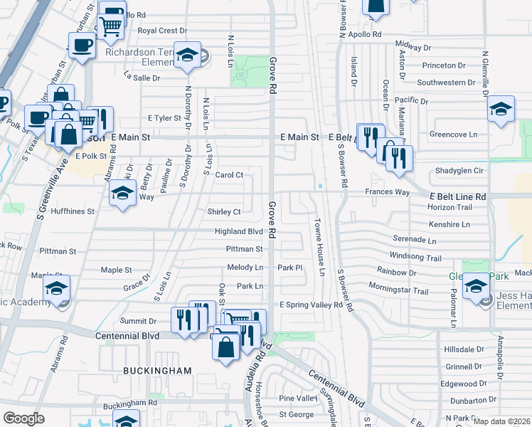 map of restaurants, bars, coffee shops, grocery stores, and more near 308 South Grove Road in Richardson
