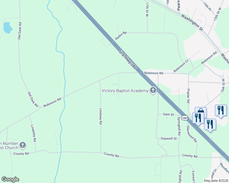 map of restaurants, bars, coffee shops, grocery stores, and more near 258 Carolyn Road in Alexander City