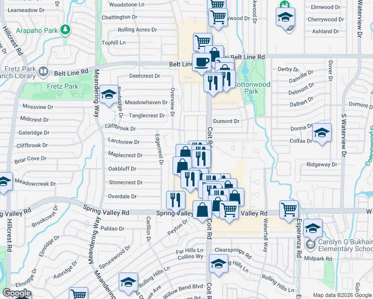 map of restaurants, bars, coffee shops, grocery stores, and more near 14341 Haymeadow Circle in Dallas