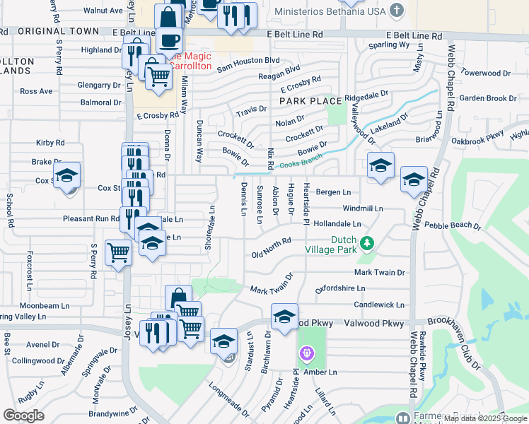 map of restaurants, bars, coffee shops, grocery stores, and more near 14434 Sunrose Lane in Farmers Branch