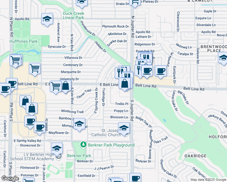map of restaurants, bars, coffee shops, grocery stores, and more near 129-139 Trellis Place in Richardson