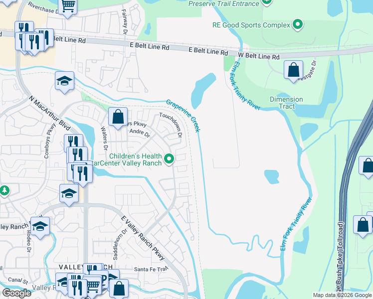 map of restaurants, bars, coffee shops, grocery stores, and more near 221 Landry Court in Irving