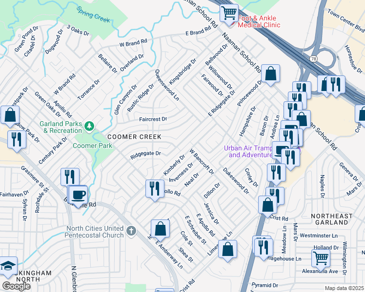 map of restaurants, bars, coffee shops, grocery stores, and more near 150 Ridgegate Drive in Garland