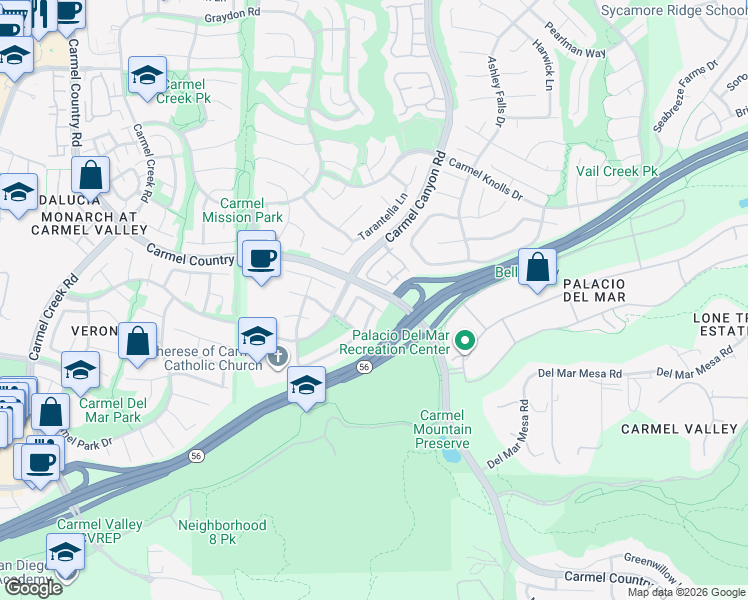 map of restaurants, bars, coffee shops, grocery stores, and more near 12554 Cavallo Street in San Diego