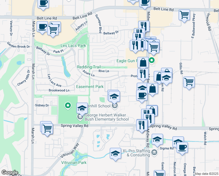 map of restaurants, bars, coffee shops, grocery stores, and more near 14621 Vintage Lane in Addison