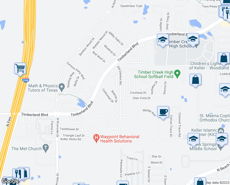 map of restaurants, bars, coffee shops, grocery stores, and more near 11800 Porcupine Drive in Fort Worth