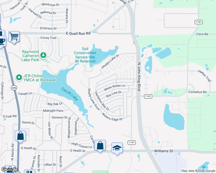 map of restaurants, bars, coffee shops, grocery stores, and more near 1314 White Water Lane in Rockwall