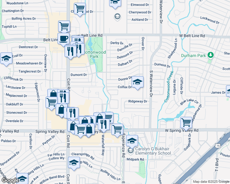 map of restaurants, bars, coffee shops, grocery stores, and more near 127 Colfax Drive in Richardson