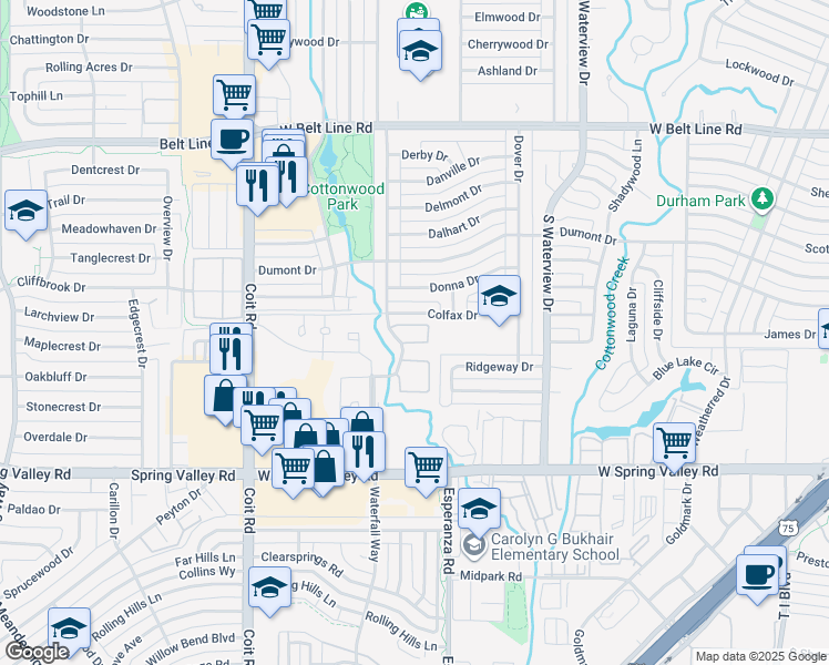 map of restaurants, bars, coffee shops, grocery stores, and more near 127 Colfax Drive in Richardson