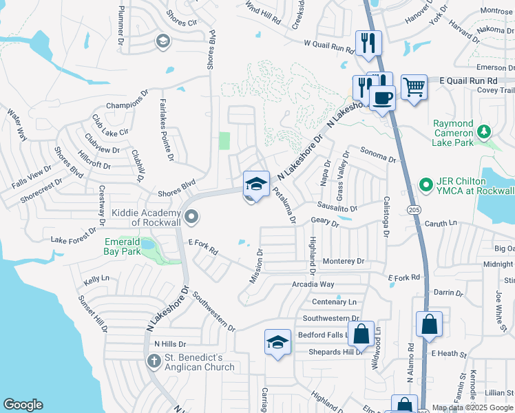 map of restaurants, bars, coffee shops, grocery stores, and more near 1325 Petaluma Drive in Rockwall
