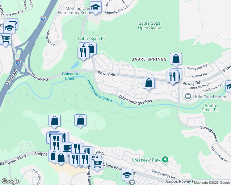 map of restaurants, bars, coffee shops, grocery stores, and more near 12350 Springwater Point in San Diego