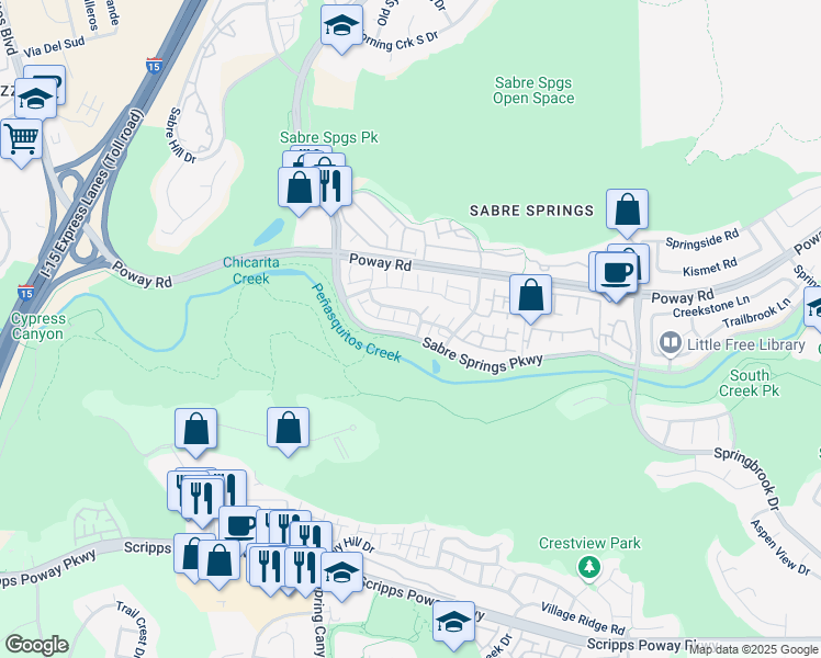 map of restaurants, bars, coffee shops, grocery stores, and more near 12348 Springwater Point in San Diego