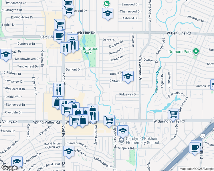 map of restaurants, bars, coffee shops, grocery stores, and more near 821 Dublin Drive in Richardson