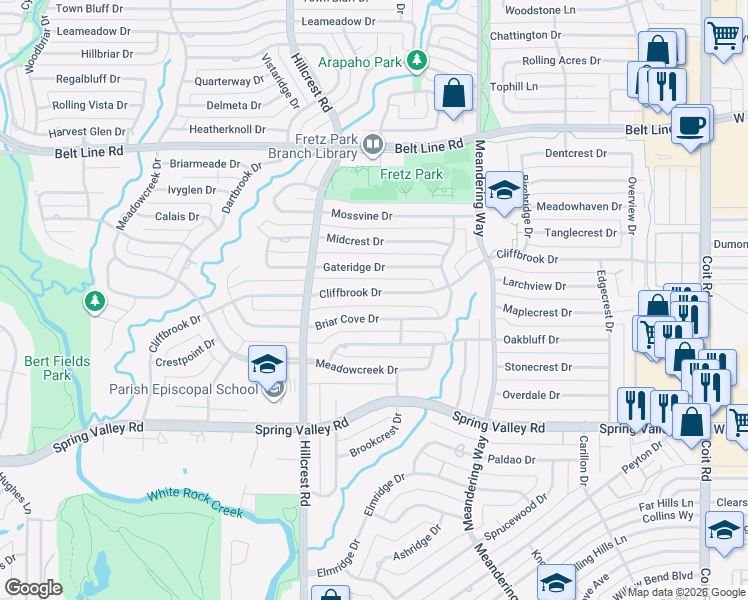 map of restaurants, bars, coffee shops, grocery stores, and more near 7028 Cliffbrook Drive in Dallas