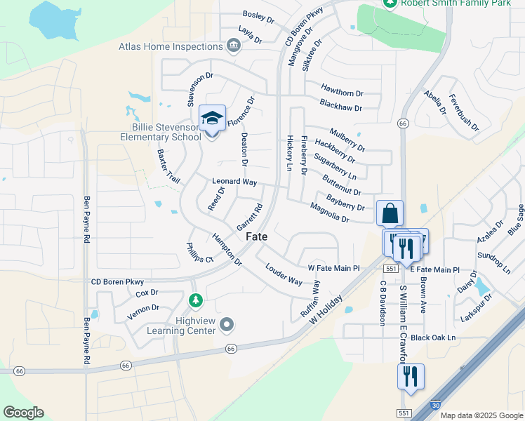 map of restaurants, bars, coffee shops, grocery stores, and more near 562 Garrett Road in Rockwall