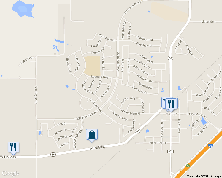 map of restaurants, bars, coffee shops, grocery stores, and more near 562 Garrett Road in Rockwall