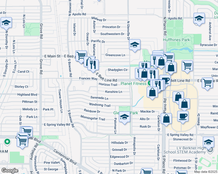 map of restaurants, bars, coffee shops, grocery stores, and more near 1112 Horizon Trail in Richardson