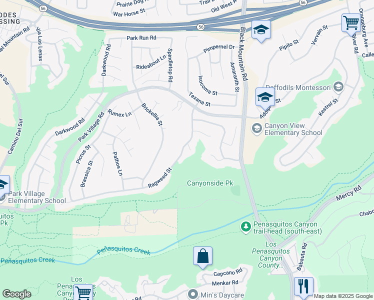 map of restaurants, bars, coffee shops, grocery stores, and more near 12575 Ragweed St in San Diego