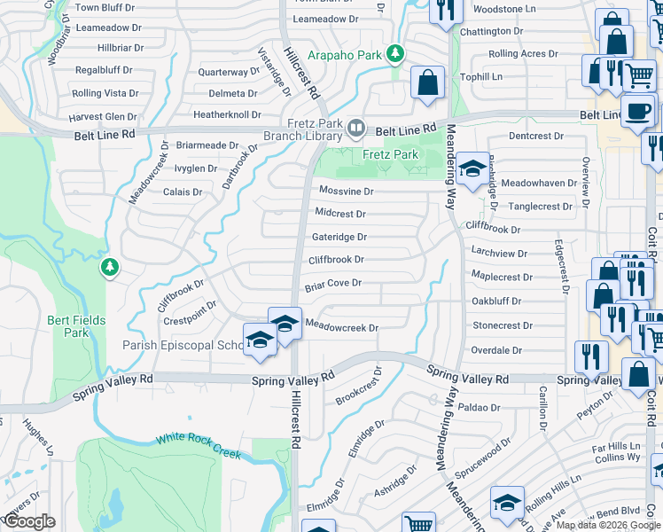 map of restaurants, bars, coffee shops, grocery stores, and more near 6940 Cliffbrook Dr in Dallas