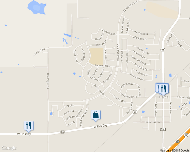 map of restaurants, bars, coffee shops, grocery stores, and more near 540 Reed Dr in Rockwall