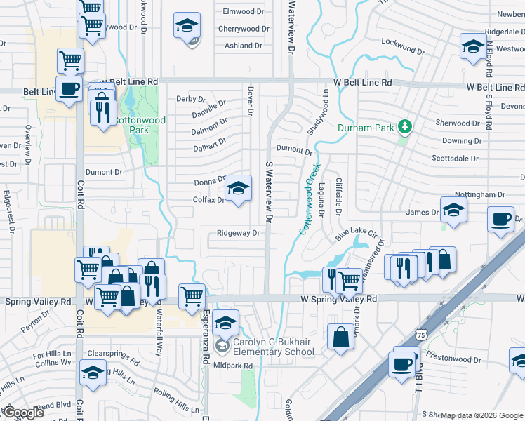 map of restaurants, bars, coffee shops, grocery stores, and more near 704 South Waterview Drive in Richardson