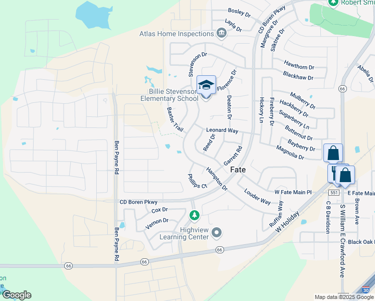 map of restaurants, bars, coffee shops, grocery stores, and more near 519 Mckinney Trail in Rockwall