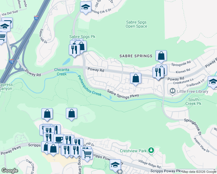 map of restaurants, bars, coffee shops, grocery stores, and more near 12355 Springwater Point in San Diego