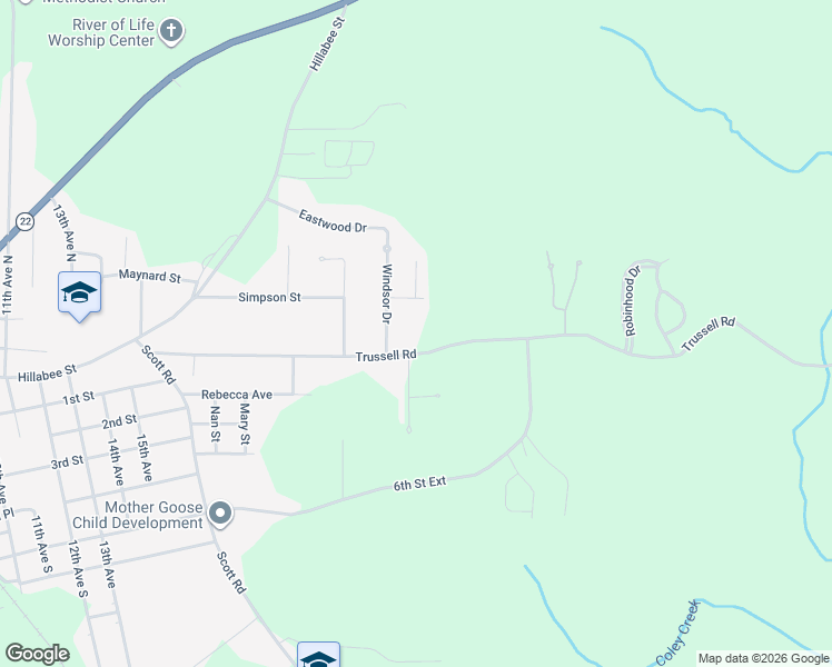 map of restaurants, bars, coffee shops, grocery stores, and more near 2087 Trussell Road in Alexander City