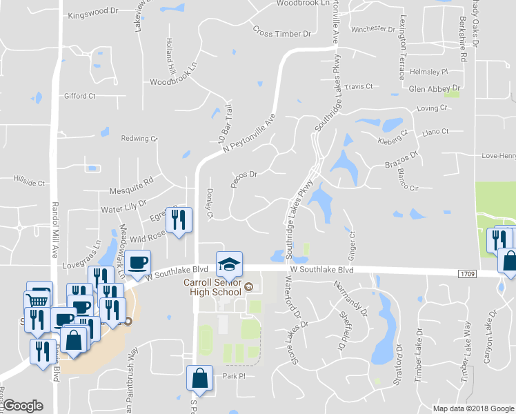 map of restaurants, bars, coffee shops, grocery stores, and more near 1311 Pecos Drive in Southlake