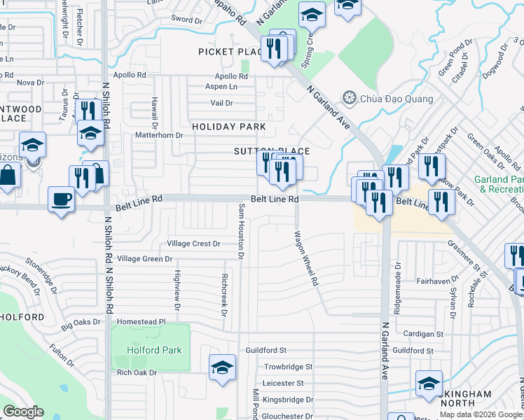 map of restaurants, bars, coffee shops, grocery stores, and more near 1850 Belt Line Road in Garland