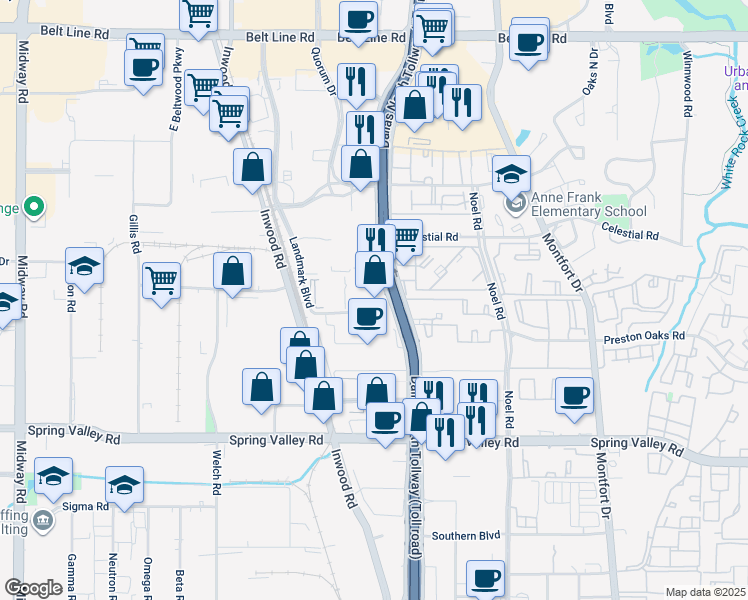 map of restaurants, bars, coffee shops, grocery stores, and more near 14643 Dallas Parkway in Dallas