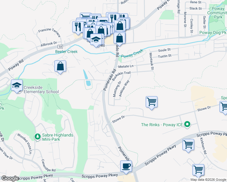 map of restaurants, bars, coffee shops, grocery stores, and more near 12534 Mustang Drive in Poway