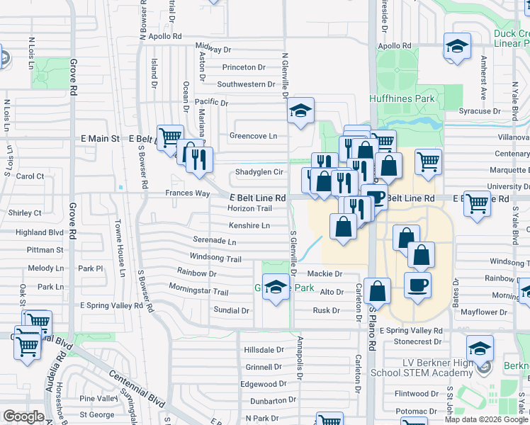 map of restaurants, bars, coffee shops, grocery stores, and more near 1206 Horizon Trail in Richardson