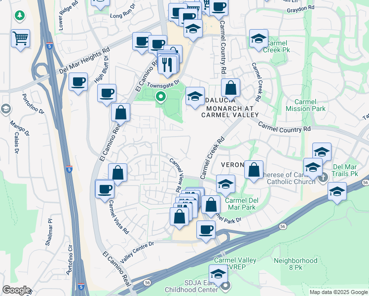 map of restaurants, bars, coffee shops, grocery stores, and more near 4029 Carmel View Road in San Diego