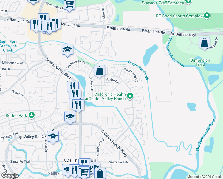 map of restaurants, bars, coffee shops, grocery stores, and more near 10200 Perkins Drive in Irving