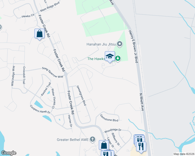 map of restaurants, bars, coffee shops, grocery stores, and more near 1210 River Rock Road in Hanahan